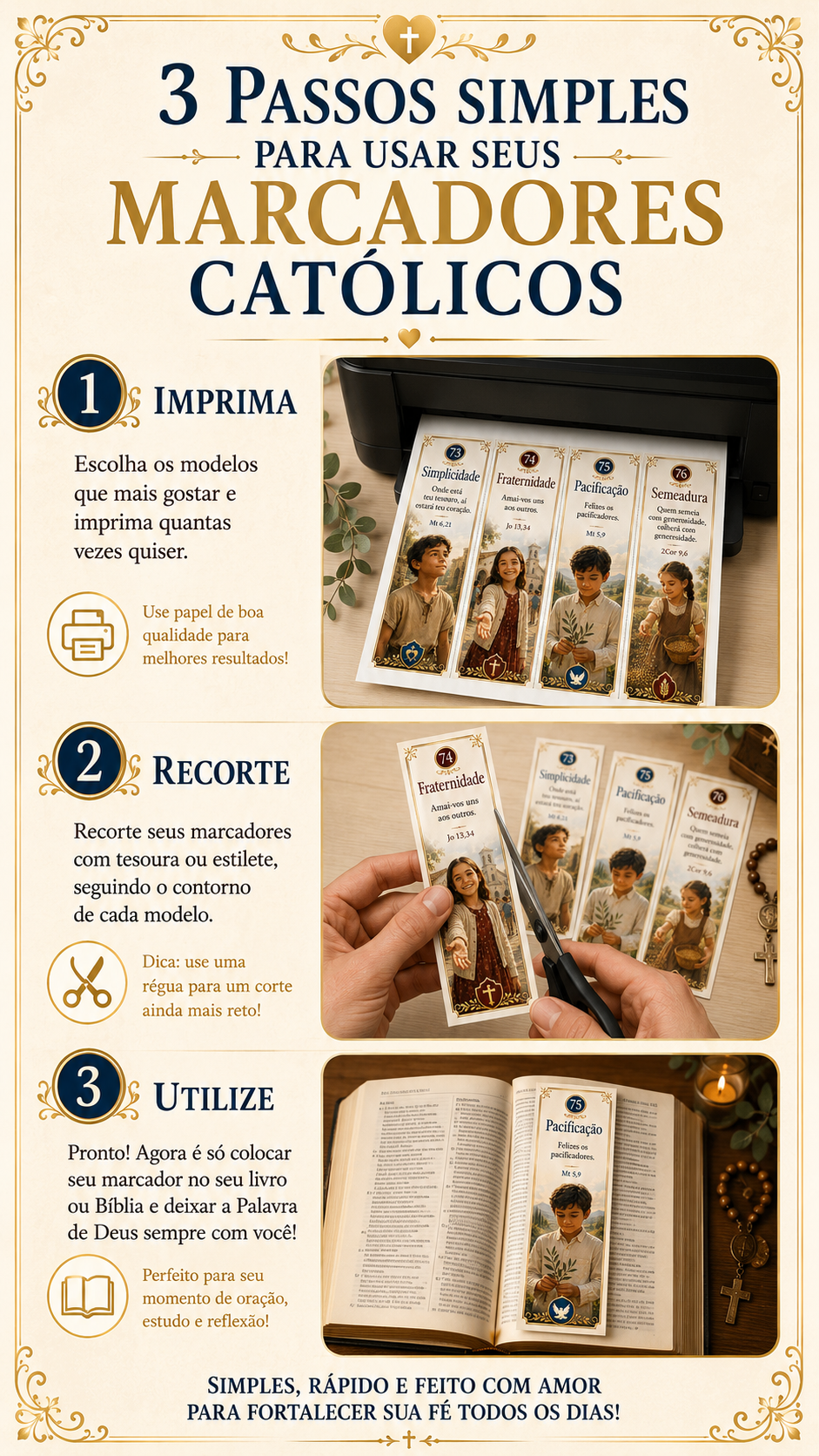 3 passos simples para usar seus marcadores católicos: imprima, recorte e utilize